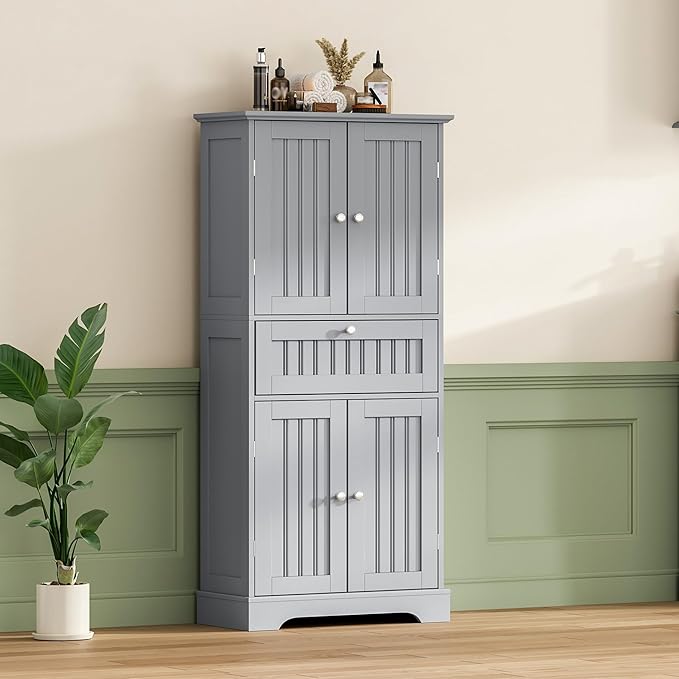 ChooChoo 51" H Tall Bathroom Floor Cabinet, Modern Bathroom Storage Cabinet with Drawer and Adjustable Shelves, Freestanding Kitchen Pantry Cupboard with 4 Doors for Living Room, Grey