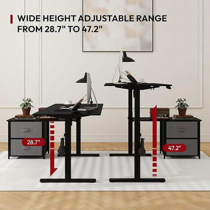SANODESK 63'' L Shaped Standing Desk with 2-Drawer File Cabinet, Electric Height Adjustable Stand up Desk w/USB Charge Ports, Home Office Modern Wood Computer Desk with Shelves,Black Frame/Black Top