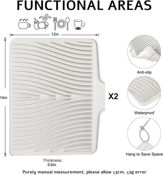 TIKNIK Silicone Dish Drying Mat for Kitchen Counter - Heat Resistant & Non-Slip Dish Drain Pad with Built-In Drain, Dishwasher Safe, Quick-Dry, Hangable & Roll-Up for Storage, Cream-2pcs, 16" x 12"