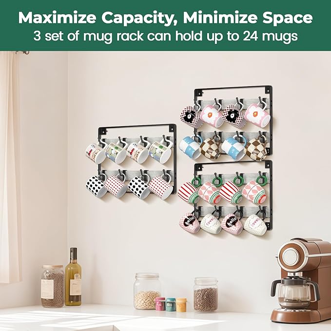 EsLuker.ly Mug Holder Hanger Rack Wall Mounted Wooden 3 Pack Coffee Cup Storage Organizer Display Shelf with 24 Movable Plastic Hooks, Ideal for Mug Collectors, Light Grey-Black