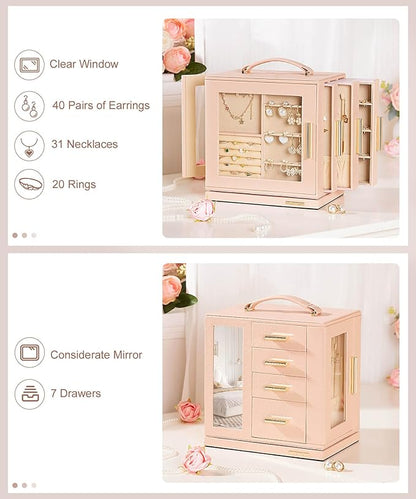 Homde Jewelry Box 360° Rotating, Necklace Earring Organizer with Transparent Window, Mirror, 7 Drawers, Large Ring Display Storage Case for Girls Women (Peach Pink)