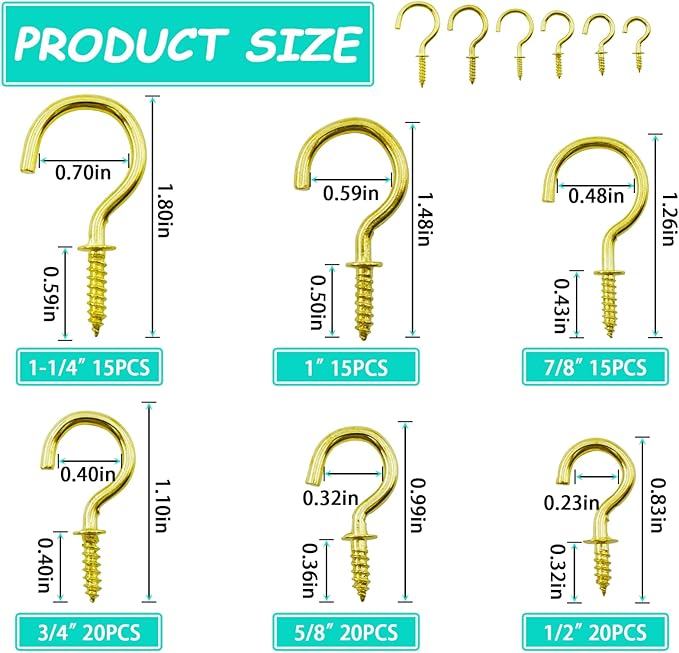 BDS-HOME 105pcs Ceiling Hooks, 6 Size Screw-in Cup Hooks Heavy Duty Hanging Hook for Plants Cups String Light Kitchenware Tools Clothes Room Wall and Outdoor Decors (Gold)