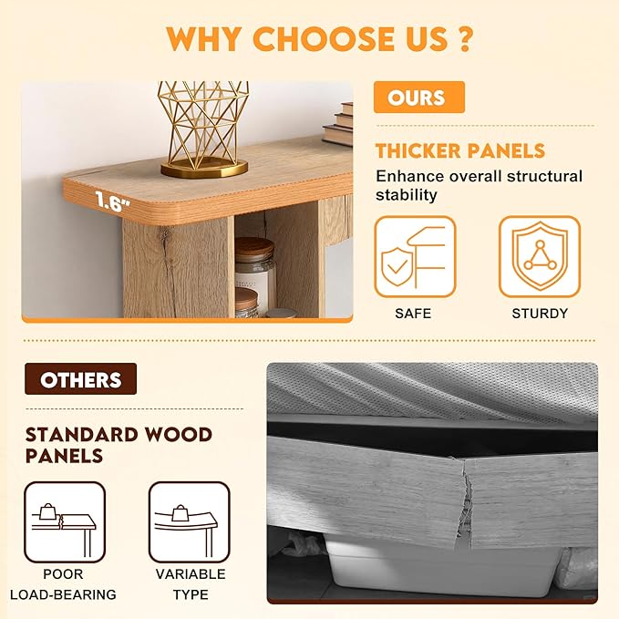 55 Inch Entryway Table Single-Shelf Cabinet, 1.6 Inch Thick Desktop Wooden Console Table with Socket Farmhouse Sofa Table for Entrance, Hallway, Living Room,Behind Couch(Natural Brown)