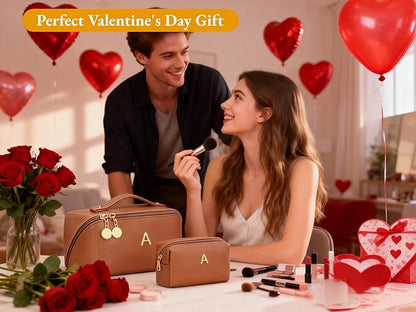 Valentine's Day Gifts for Women Teen Girl, Personalized Initial Makeup Organizer Bag Set, Open Flat Travel Cosmetic Bag With Clear Divider and Handle(Brown,M)