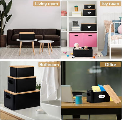 Honeydak 3 Pcs Metal Storage Box with Lid Nesting Farmhouse Storage Bins for Kitchen Pantry Bathroom Living Room Office, Aerating Produce Keeper & Countertop Organizer Set(Black)