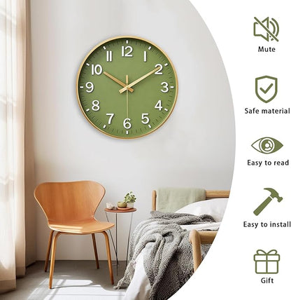 HZDHCLH Wall Clocks Battery Operated,Wall Clock Green Gold,12 inch Wall Clock Silent Non Ticking Modern 3D Numbers for Kitchen Bedroom Living Room Office Classroom Decor