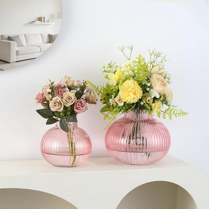 Pink Glass Vases for Tulips, Set of 2, Flower Vases for Bouquet, Ribbed Glass Vase for Flowers, Short Vase for Living Room, Office, Coffee Table, Shelf, Wedding