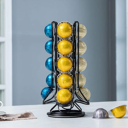 FlagShip Vertuo Pod Holder Coffee Pod Carousel Stand Storage for Nespresso Vertuoline, Small Size 360-Degree Rotation Wire Metal Black (20 Pods Capacity)