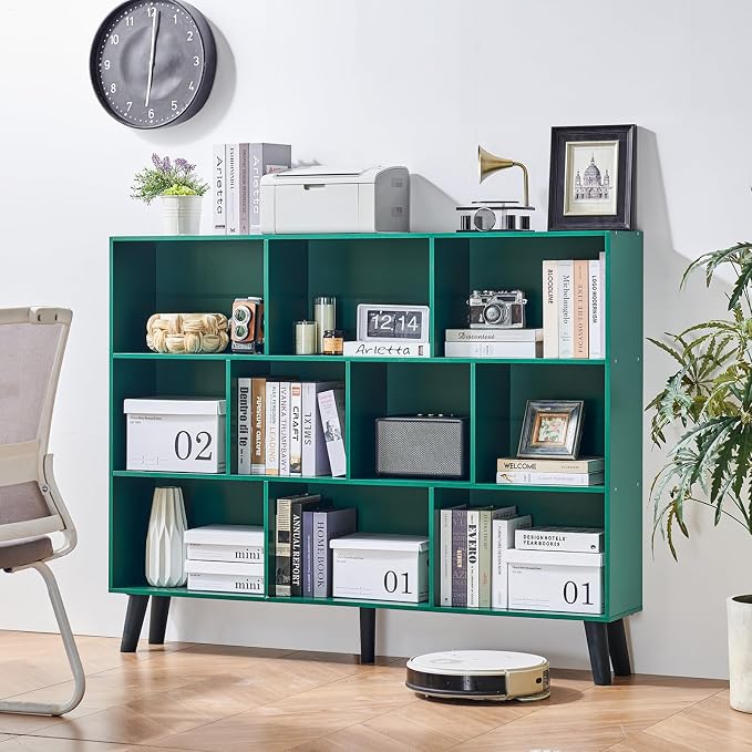 LEYAOYAO 10 Cube Bookshelf, 3 Tier Vintage 55" Wide Bookcase with Legs, Mid-Century Wood Bookshelves Storage, Dark Green Large Book Case, Freestanding Organizer Display Shelf for Living Room, Office