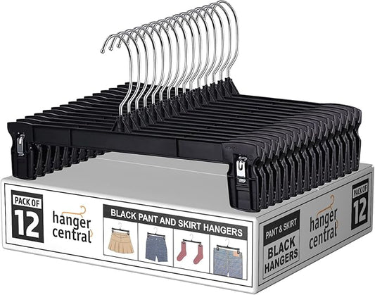 12 Inch 12 Pack Pants Hangers, Slim Plastic Clothes Hangers with Clips for Skirts, Pants, Shorts, Space Saving Heavy Duty Closet Organizer with Non Slip Grip & Swivel Hook – Black