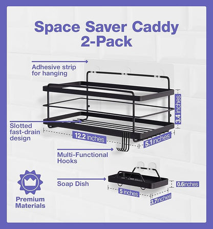 KINCMAX Premium Shower Caddy - Self Adhesive Shower Shelf with 4 Hooks - No Drill Large Capacity Stainless Steel Rack - Aesthetic Organizer for Bathroom Wall Decor - Black