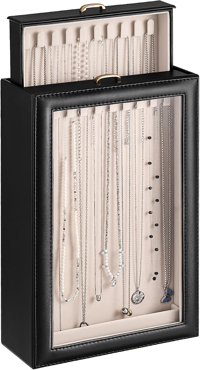 Lolalet Necklace Organizer Box, Jewelry Storage Box with Clear Window for Necklaces Bracelets, Tangle-Free Necklace Display Case for Women Girls, Black, 2 Layers 20 Hooks