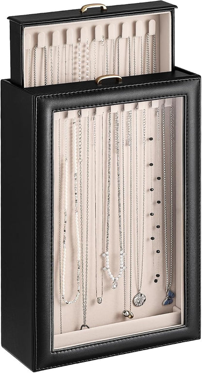 Lolalet Necklace Organizer Box, Jewelry Storage Box with Clear Window for Necklaces Bracelets, Tangle-Free Necklace Display Case for Women Girls, Black, 2 Layers 20 Hooks