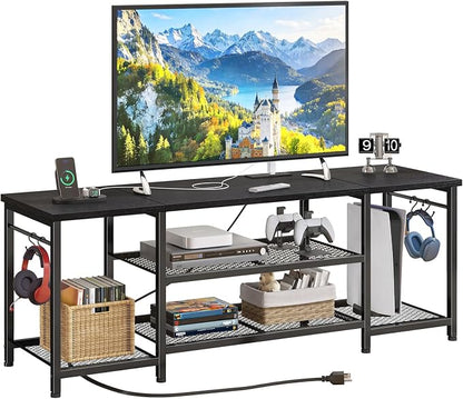 YGEOMER TV Stand for Up to 65 Inch TVs, Entertainment Center with Power Outlet and Open Storage Shelves, TV Media Console Table for Living Room and Bedroom, Black