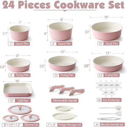 SENSARTE 24 Piece Ceramic Pots and Pans Set, Nonstick Detachable Handle Cookware, Induction Kitchen Cookware Set with Removable Handle, Healthy Non Stick for RV, Dishwasher＆Oven Safe, PFOA Free (Pink)