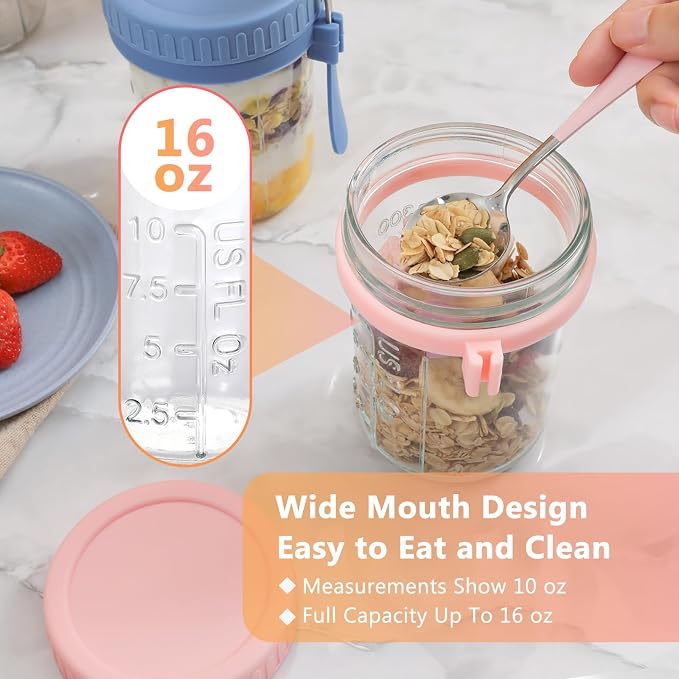 OcePor 6 Pack Overnight Oats Containers with Lids and Spoons, 16 OZ Glass Mason Overnight Oats Jars, Large Capacity Airtight Jars for Milk, Cereal, Fruit