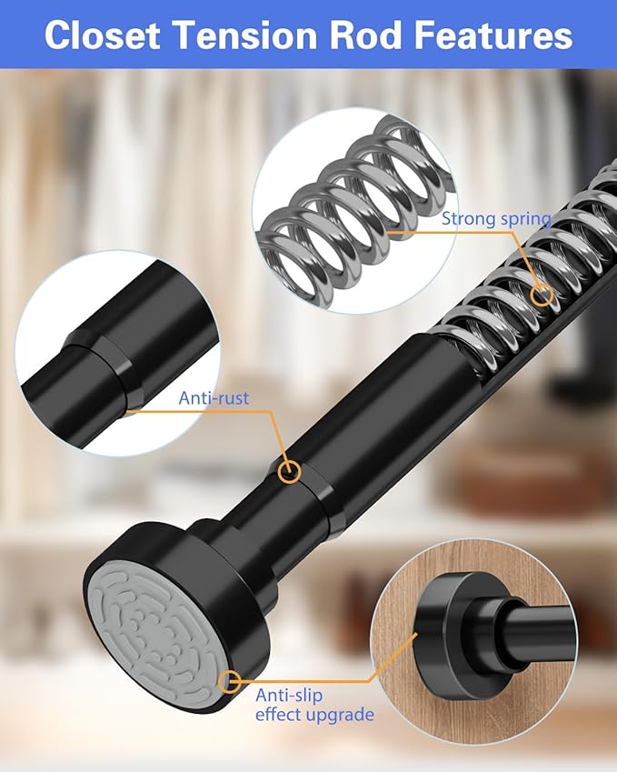 Supforce No Drilling Closet Rods for Hanging Clothes, Non Slip Tension Rod with Heavy Duty Clothes Hanging Rod, 17-69 Inches Adjustable Spring Closet Rod for Closet Wardrobe Bathroom Laundry RV, Black