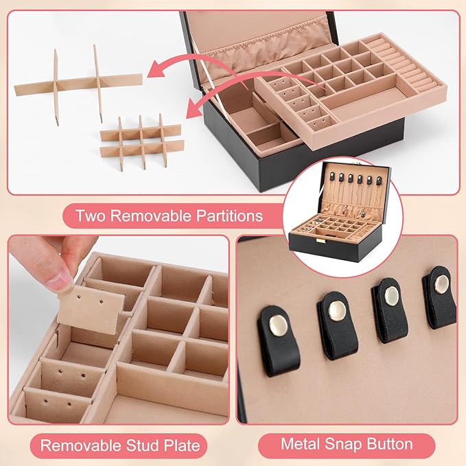 Gifturbo Jewelry Boxes for Women, 2-Layer Jewelry Organizer Box with Removable Tray, PU Leather Jewelry Storage Girls, Modern Style for Rings Earrings Necklace Bracelets, Gift Idea, Black
