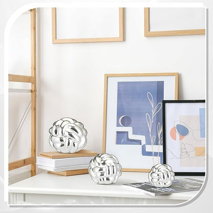 Wenqik 3 Pcs Knot Decor, Link Coffee Table Bookshelf Decor Accents, Ceramic Decorative Objects, Modern Home Minimalist Book Shelf Aesthetic Decoration, 3 Sizes(Silver)
