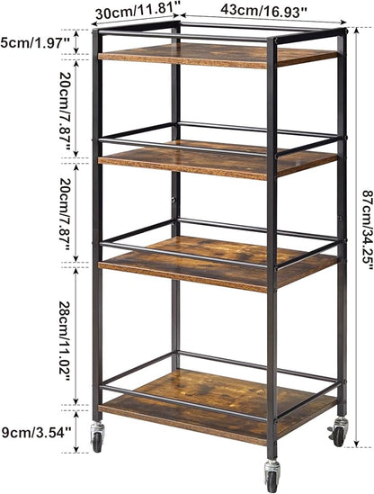 IBUYKE Industrial Bar Storage Cart, Mobile 4-Tier Shelf, Bedroom, Living Room & Bath Rustic Brown TMJ419H