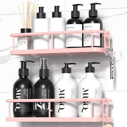 YASONIC Shower Caddy Adhesive, No Drill Bathroom Shower Organizers, with Removable Hooks, Rust Proof Shower Shelves, Wall-Mounted Shower Holder, Pink, 2 Pack