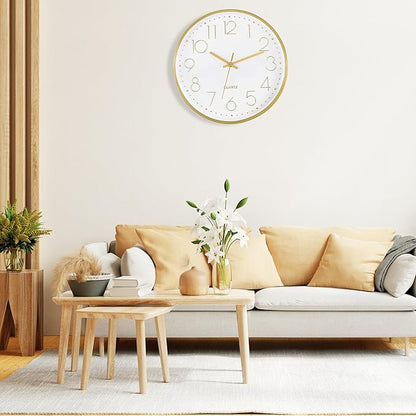 Foxtop Gold Wall Clock 12 Inch Silent Non-Ticking Battery Operated Round Quartz Modern Wall Clock for Office Living Room Kitchen Bedroom Home Decor