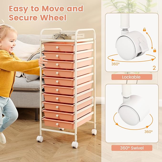 RELAX4LIFE 10 Drawer Rolling Cart - Slim Storage Cart w/Lockable Wheels for Classroom School Teacher Office, Art Supplies Paper Scrapbook Craft Organizers, Utility Cart with Drawers (Peach Pink)
