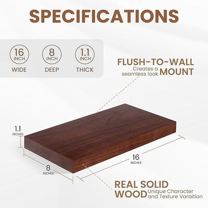Floating Shelves for Wall, Real Wood Floating Shelf Set of 2, 8 Inch Deep Floating Shelves, Rustic Wood Wall Shelf for Home Decor, Deep Storage Shelves for Bathroom, Kitchen, 16"W x 8"D, Red Brown