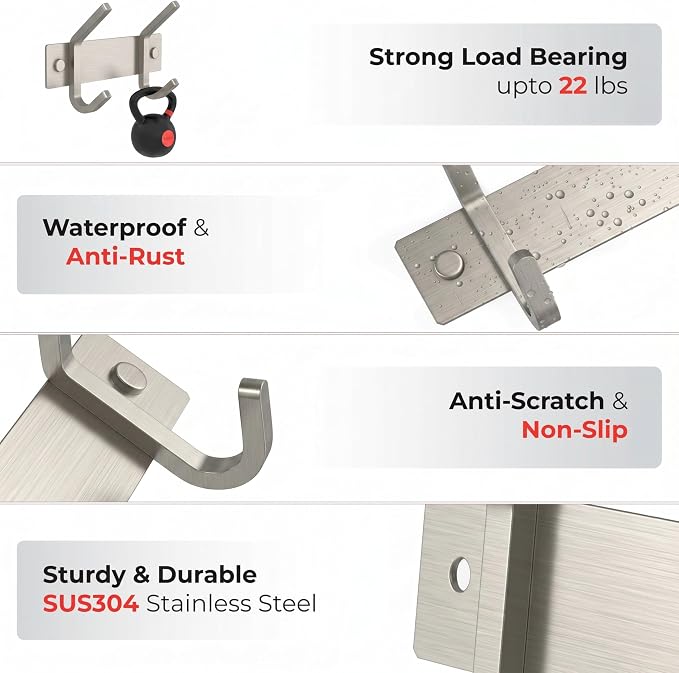 Small Coat Rack Wall Mount – Brushed Nickel 6 Inch Stainless Steel Hook Rail with 2 Heavy Duty Double Coat Hooks – Wall Mounted Coat Hanger for Entryway, Bathroom, Bedroom, Towel, Hat Organizer