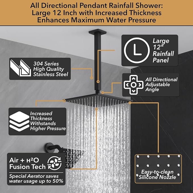 VANFOXLE Shower Faucet Set Matte Black Shower System, Push Button Diverter Shower Faucet with Trim Kit, Ceiling Mount 12 Inch Shower Head Increased Thick, 6 Inch Side Shower Head, 2-in-1 Handheld