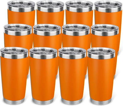 20oz Stainless Steel Tumbler Bulk with Lid, Travel Mug - Double Wall Vacuum Powder Coated Cup - Orange, 12 Pack