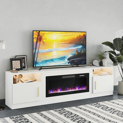 PRETZI Fireplace TV Stand with 36" Fireplace Up to 90" TVs, 80" Entertainment Center with LED Lights, Remote Control, TV Media Console with Storage Cabinets for Living Room, White