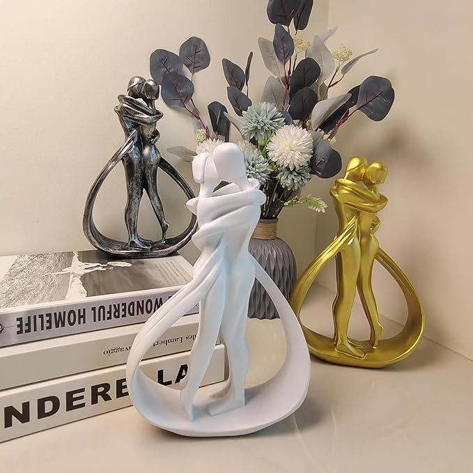 Couple Sculptures for Home Decor, Anniversary Statue Gifts, Hugging Couple Figurines, Modern Romantic Sculptures for Living Room, Bedroom, Office Decor (White)