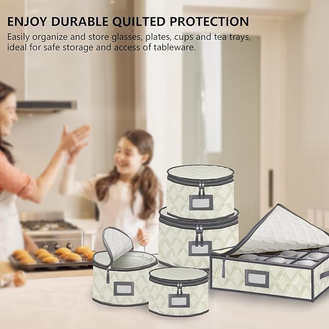 5 Pack China Storage Containers Set (Beige) - Sturdy Quilted Wine Glass & Dish Storage with Dividers - Compact Size