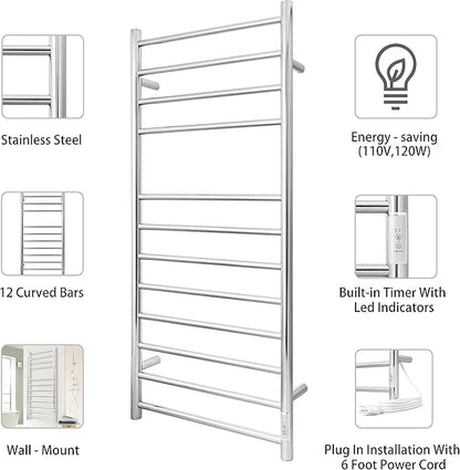 KEG Towel Warmer Wall Mounted with Built-in Timer 12 Bars Electric Stainless Steel Heated Towel Racks for Bathroom, Hot Plug-in Bath Towel Heater Polish Chrome