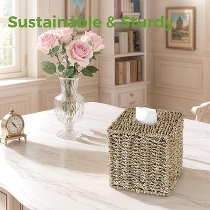 Seagrass Tissue Box Cover, Wicker Tissue Box Holder Square, Hand Woven Cube Tissue Box Cover Tissue Holder for Bathroom Living Room Kitchen Office, Natural