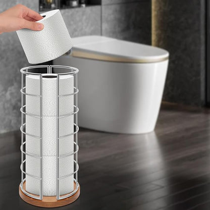 NearMoon Toilet Paper Organizer Stand, Freestanding 3 Rolls Tissue Storage, Metal Bathroom Accessory, Rustproof Toilet Roll Holder for Kitchen Countertop Inside Cabinet Shelf(Wooden Base, Chrome)