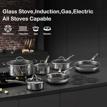 Pots and Pans Set Non Stick, 14 Pcs Hybrid Stainless Steel Cookware Sets, Non Stick Frying Pans, Saucepans, Saute Pan & Stock Pot, PFOA Free Kitchen Skillet,Induction Compatible
