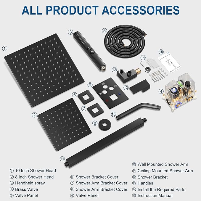 Shower Faucet Set Black Shower System, Ceiling Mount 10 Inch Shower Head With Wall Mount 6 Inch Shower Head and 2 in 1 Handheld Spray, Push Button Diverter Shower Valve Trim Kit Complete