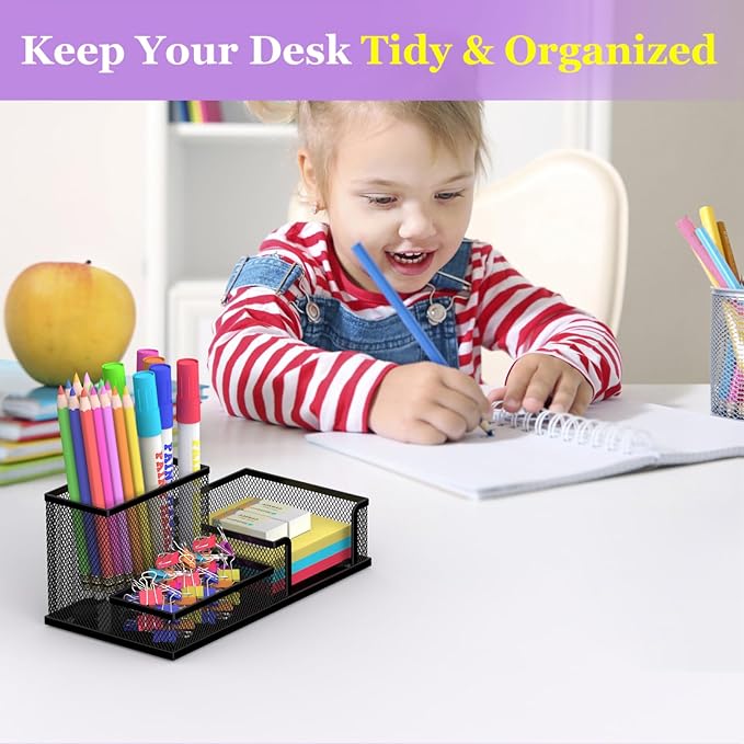 SUPEASY Pen Holder Desk Organizer, Office Supplies Pencil Holder with 3 Compartments, Desk Accessories and Workspace Organizers for Home School, Black