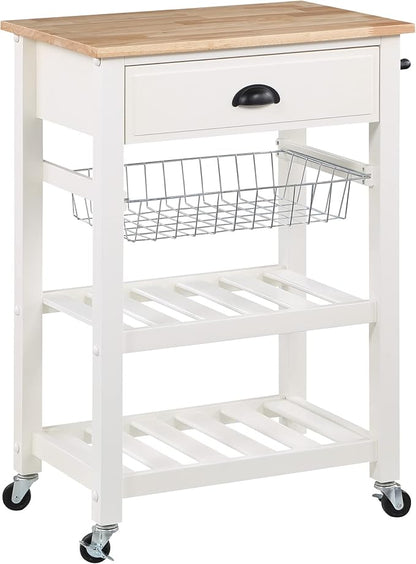 OSP Home Furnishings Hampton Kitchen Cart with Wood Top, Utensil Drawer, Under Cabinet Basket, and 2 Slatted Shelves, White Base