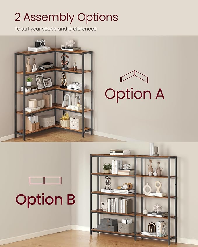 VASAGLE 5 Tier Bookshelf with Metal Frame, Convertible Industrial Corner Shelf, 9.4 x 52.8 x 55.9 Inches, for Living Room, Bedroom, Home Office, Rustic Brown and Ink Black ULLS815KD01