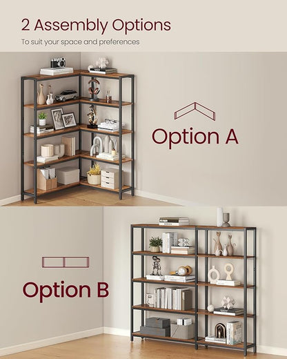 VASAGLE 5 Tier Bookshelf with Metal Frame, Convertible Industrial Corner Shelf, 9.4 x 52.8 x 55.9 Inches, for Living Room, Bedroom, Home Office, Rustic Brown and Ink Black ULLS815KD01