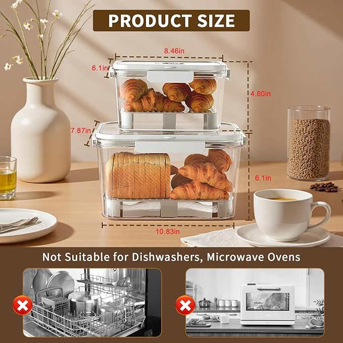 Bread Box for Kitchen Countertop: 2 Pack Airtight Breadbox Food Storage Container, Portable Large Plastic Clear Container with Lid for Homemade Bread, Toast, Bagel, Donut, Cookies and Fruits