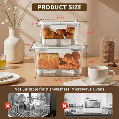 Bread Box for Kitchen Countertop: 2 Pack Airtight Breadbox Food Storage Container, Portable Large Plastic Clear Container with Lid for Homemade Bread, Toast, Bagel, Donut, Cookies and Fruits