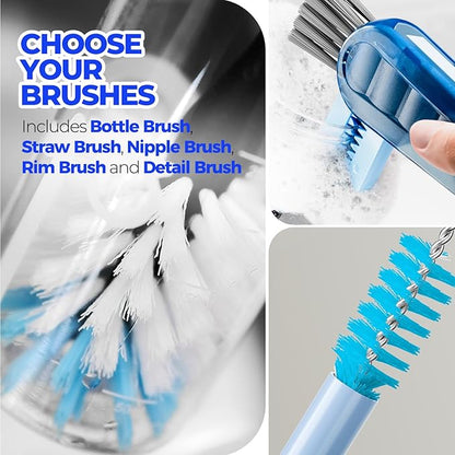 Holikme 6 Pack Brush Set, 14" Long Handle Stainless Steel Cleaner, 3 Straw Brushes, 4-in-1 Cleaning Brush for Water and Baby Bottles Straws, Aqua