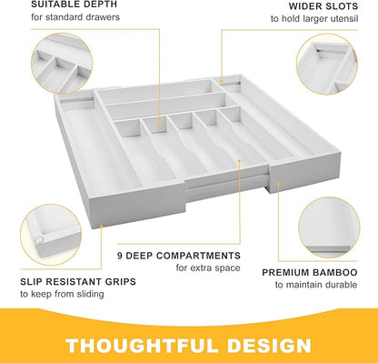 Large Premium Bamboo Silverware Organizer - Expandable Drawer Organizer & Utensil Organizer - 17"x19.7" Cutlery Tray with Dividers for Kitchen Utensils and Flatware (7-9 Slots) (White)