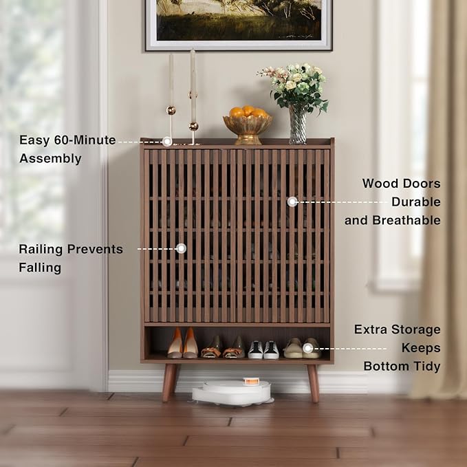 Large Shoe Cabinet with Grille Doors, 6 Tier Wooden Shoe Storage Cabinet with Adjustable Shelves, Mid-Century Freestanding Shoe Organizer Cabinet for Entryway, Hallway, Walnut