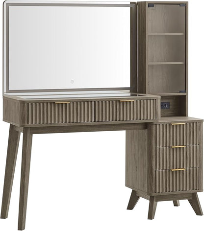 RedLemon 48" Fluted Vanity Desk with 36" Large HD Mirror and Lights, Modern Wood Glass Tabletop Makeup Table with Adjustable Storage Shelves, 5 Drawers, Charging Station for Bedroom, Alder Grey