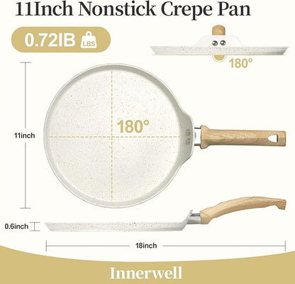Innerwell Nonstick Crepe Pan, Granite Coating Flat Skillet Dosa Tawa Tortilla Pan, 10 inch White Pancake Griddle Roti Pan With Stay-Cool Handle, Induction Compatible, PFOA Free
